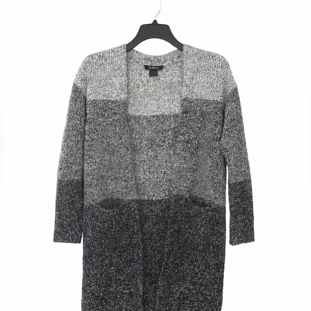 Ann Taylor Factory Open Front Cardigan Small Black Gray Long Knit Sweater